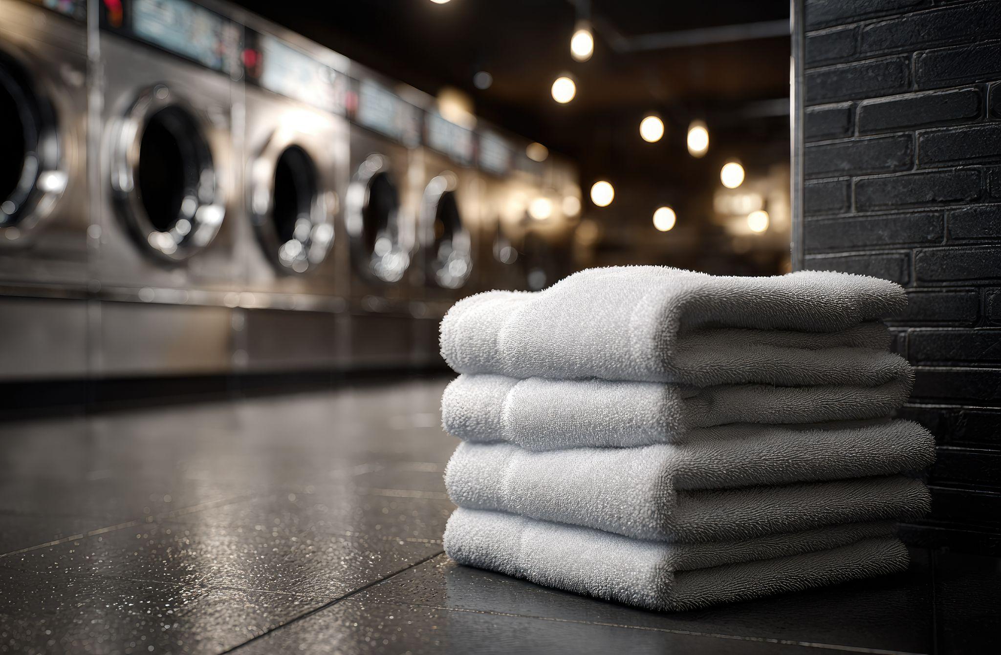 A stack of folded towels in front of a row of laundromat washing machines