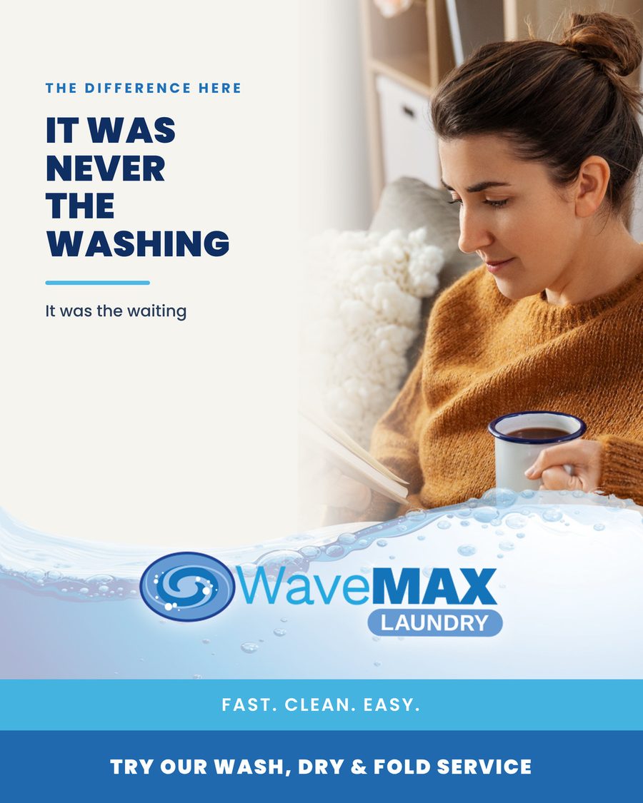 Seating and Space and What an Hour There Is Like 1 WaveMAX graphic about the waiting being the hard part of laundry
