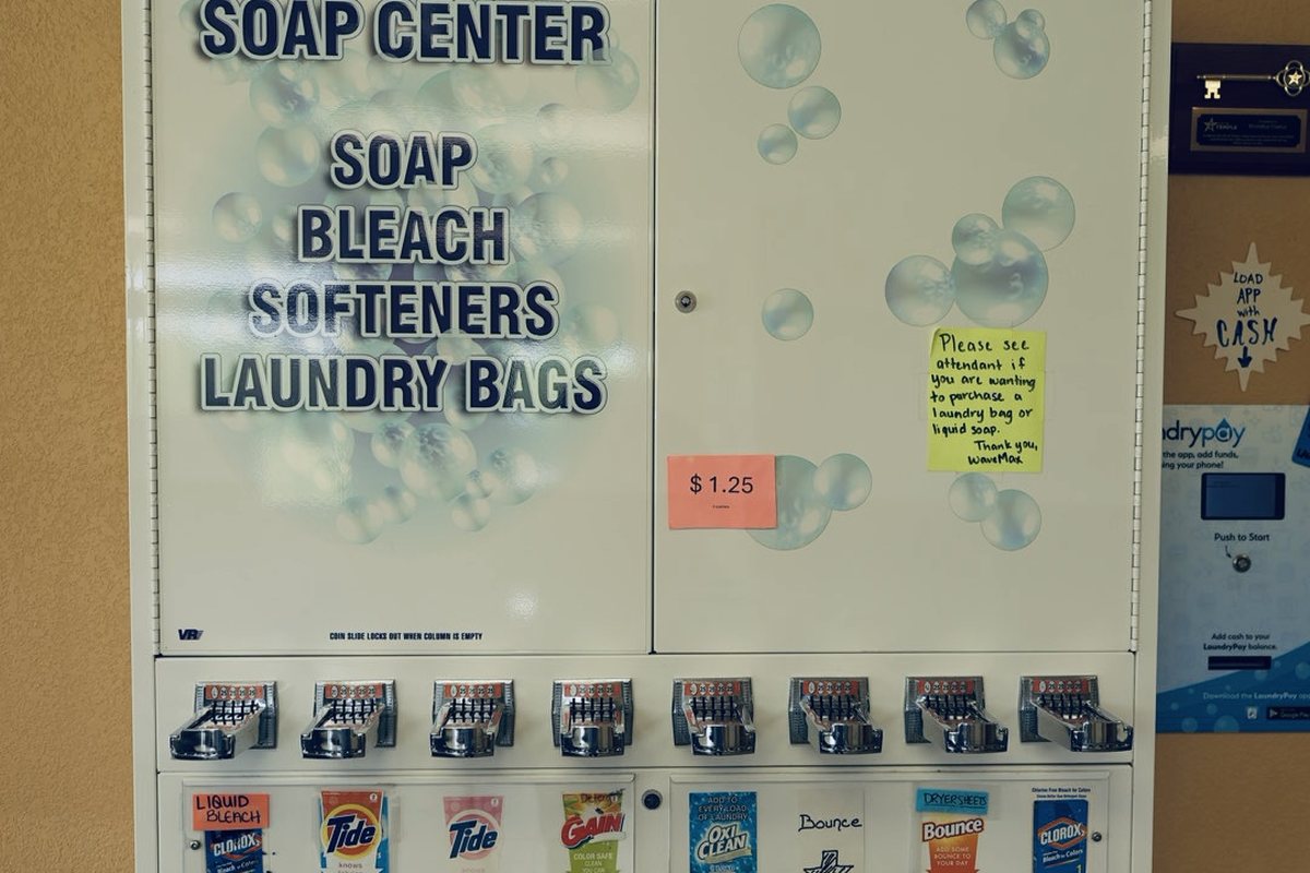 Soap, bleach and softener vending at the Olaf Drive laundromat in Temple, TX